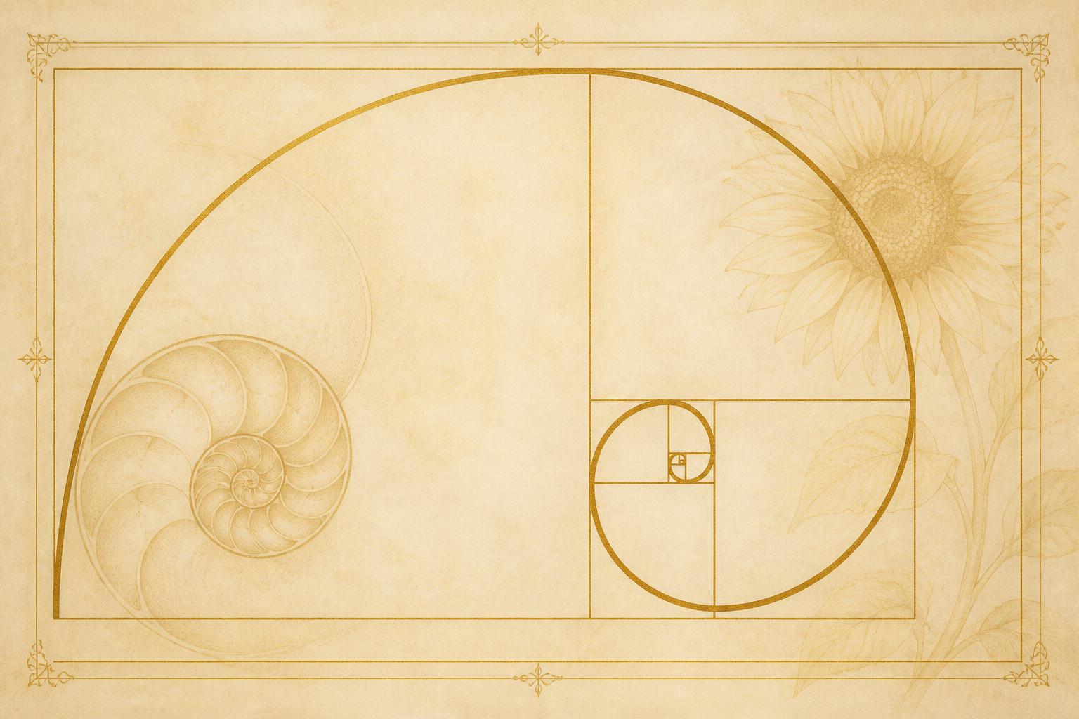 Golden Fibonacci spiral drawn over nested squares with a nautilus and sunflower motif